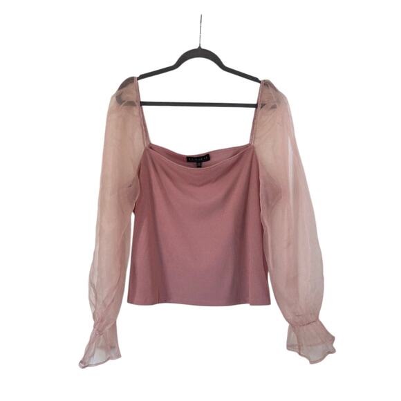 Eloquii Dusty Rose Pink Organza Puff Sheer Sleeves Square Neck Blouse Plus 14/16 - Picture 2 of 12